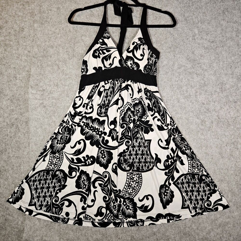 VTG Y2K Womens Black White Floral Abstract Halter Summer Party Baddie Dress Sz M